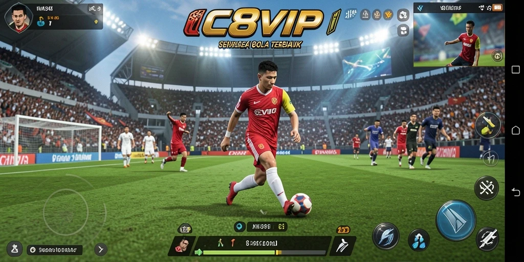 Tampilan gameplay C8VIP dengan aksi seru di lapangan sepak bola.