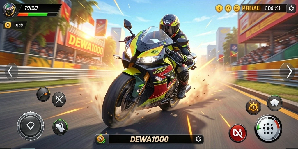 Gameplay seru DEWA1000 dengan motor balap yang cepat.