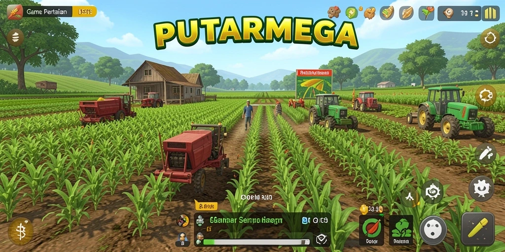 Screenshot game PUTARMEGA menampilkan ladang hijau yang subur.