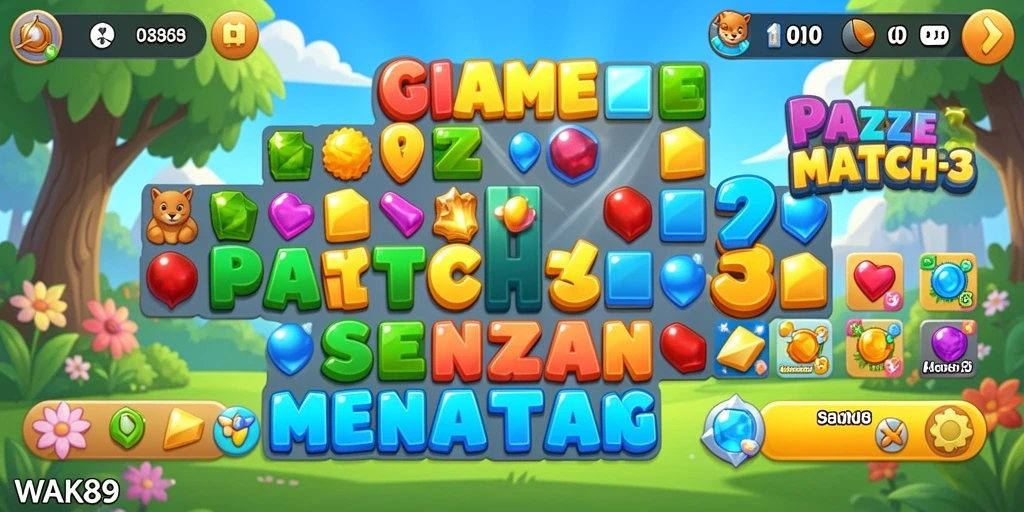 Screenshot gameplay WAK89 menunjukkan level Match-3 yang penuh warna.